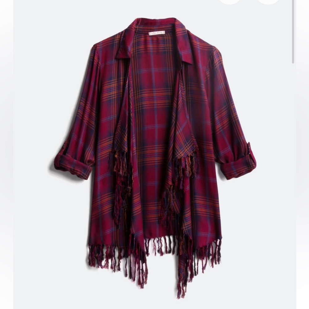 NWOT! WILLOW & CLAY | Fringe Open Front Woven Cardigan | Burgundy Plaid | XL